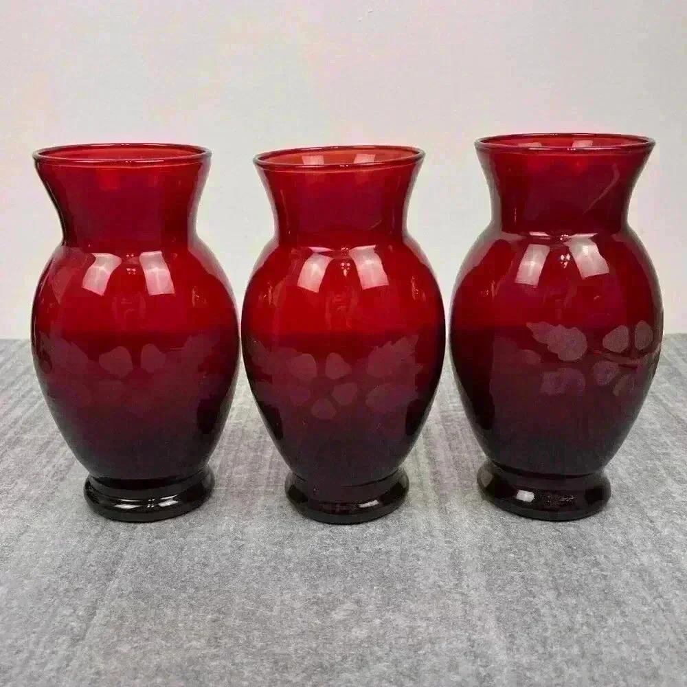 Vintage Art Glass Bud Vase Set of 3 Small Ruby Red Etched Floral Vases Decor